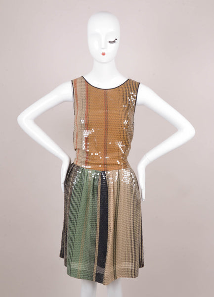 Black, Brown, and Green Sequin Embellished Sleeveless Dress