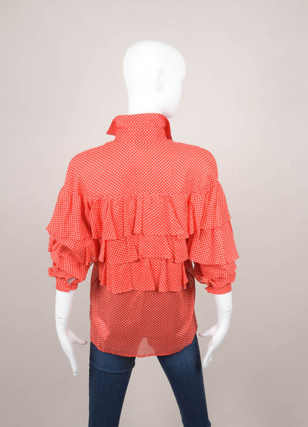 Red and White Polka Dot Print Ruffle Blouse