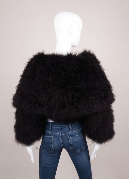 Black Oversized Collar Cropped Feather Jacket