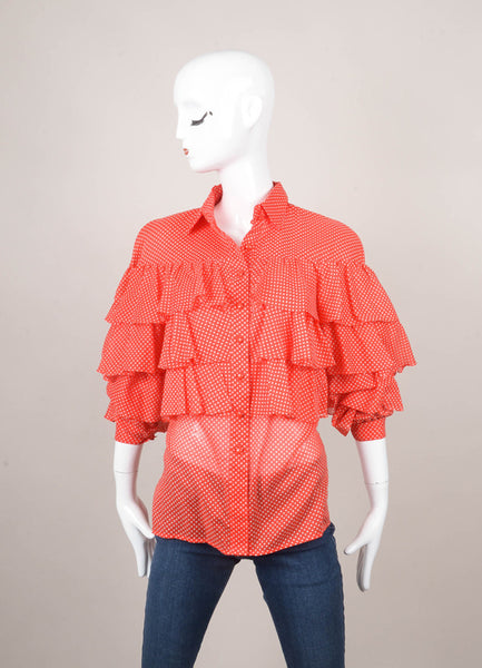 Red and White Polka Dot Print Ruffle Blouse