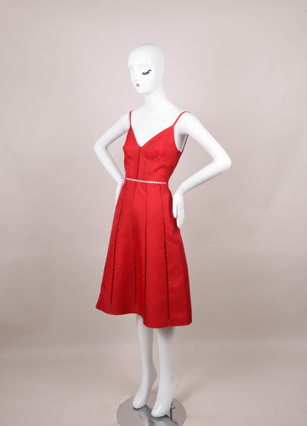 New With Tags Red Spaghetti Strap Square Eyelet Panel Silk Dress