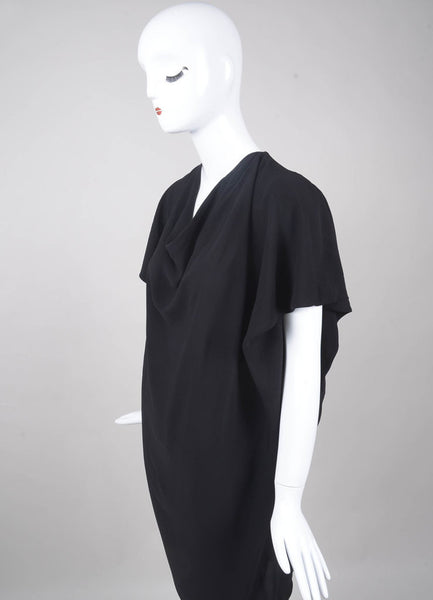 New With Tags Black Woven Silk Drape Sleeve Tapered Dress