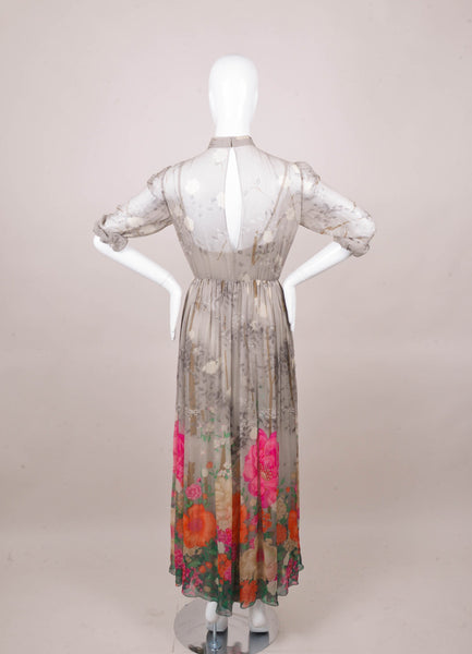 Grey and Multicolor Floral Print Long Sleeve Silk Maxi Dress