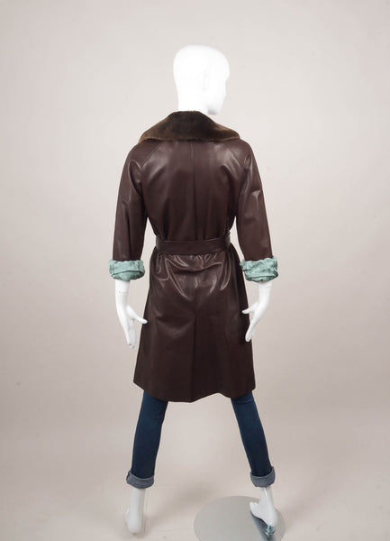 Dark Brown Leather Belted Long Coat With Fur Collar