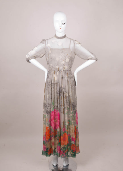 Grey and Multicolor Floral Print Long Sleeve Silk Maxi Dress