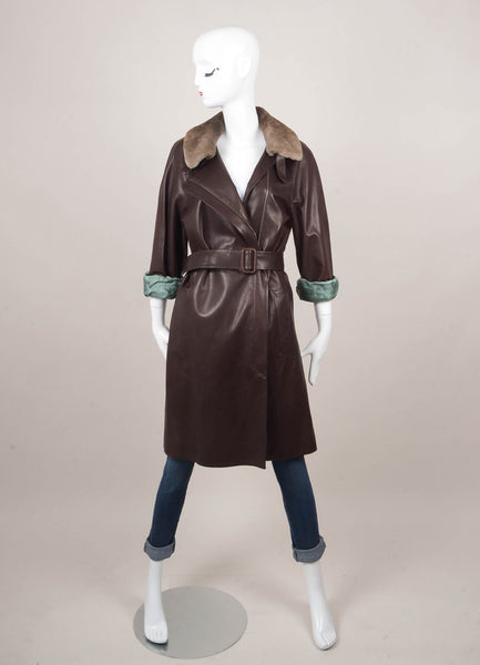 Dark Brown Leather Belted Long Coat With Fur Collar