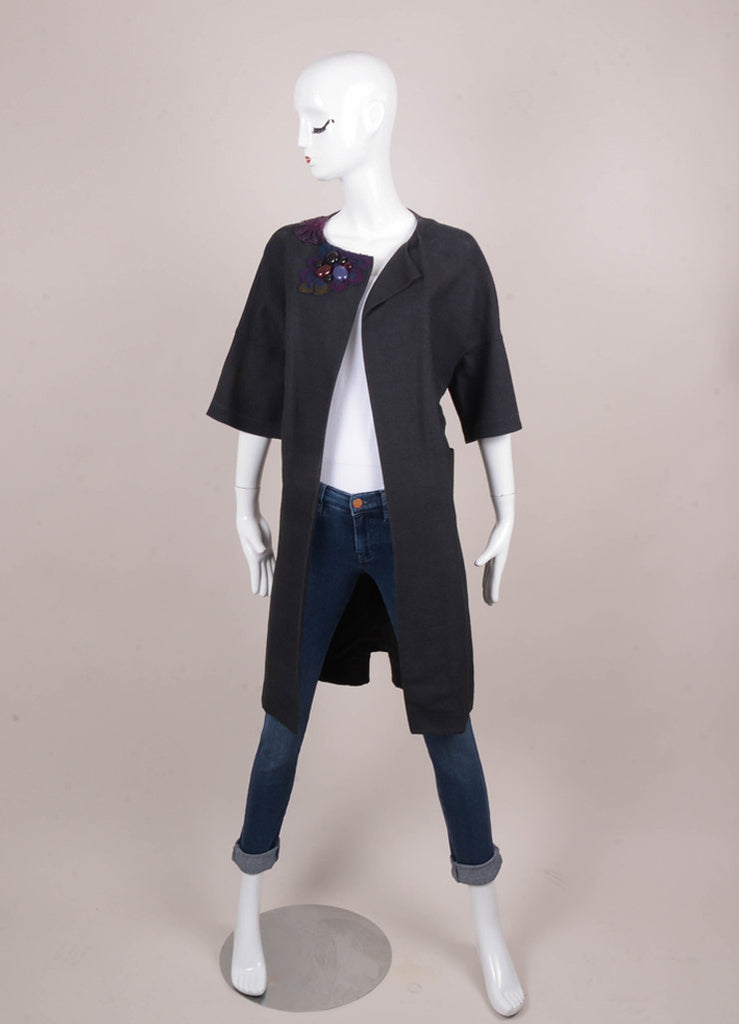 Faded Black Beaded and Crochet Trim Oversized Boxy Silk Coat