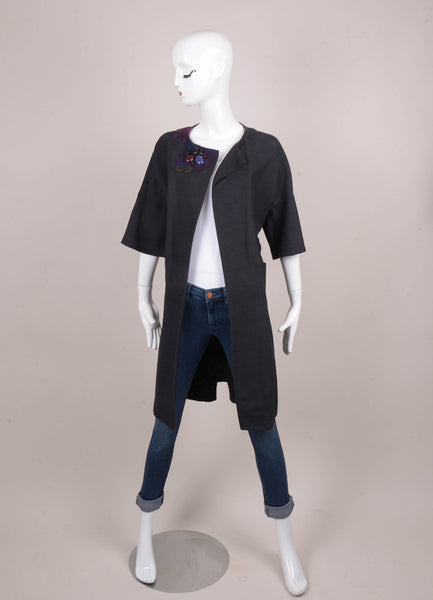 Faded Black Beaded and Crochet Trim Oversized Boxy Silk Coat