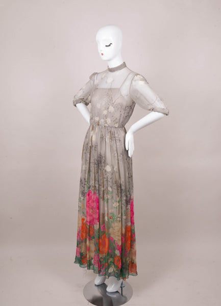 Grey and Multicolor Floral Print Long Sleeve Silk Maxi Dress