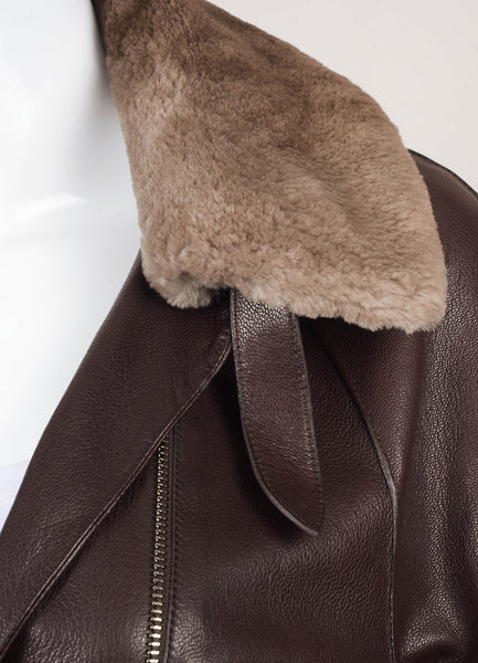 Dark Brown Leather Belted Long Coat With Fur Collar