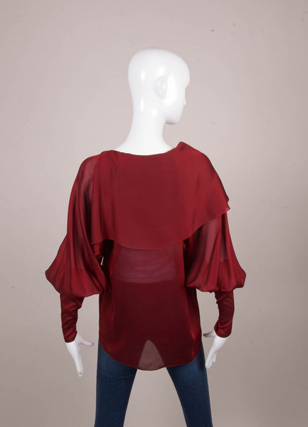 Dark Red Semi Sheer Long Sleeve Silk Blouse