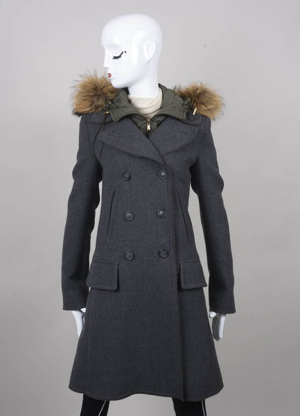 Hooded Double Breasted Coat with Fur Trim