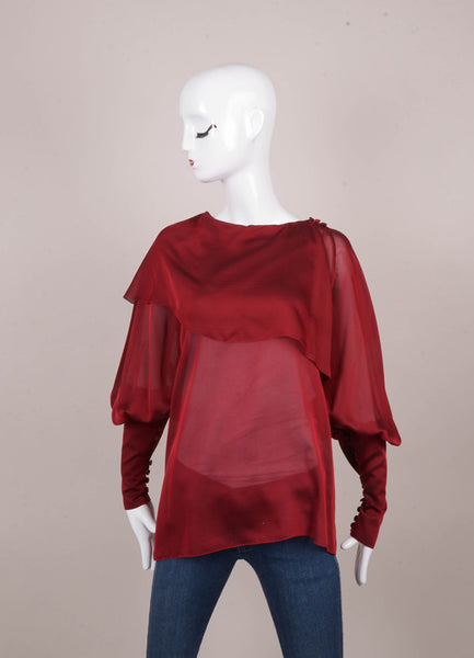 Dark Red Semi Sheer Long Sleeve Silk Blouse