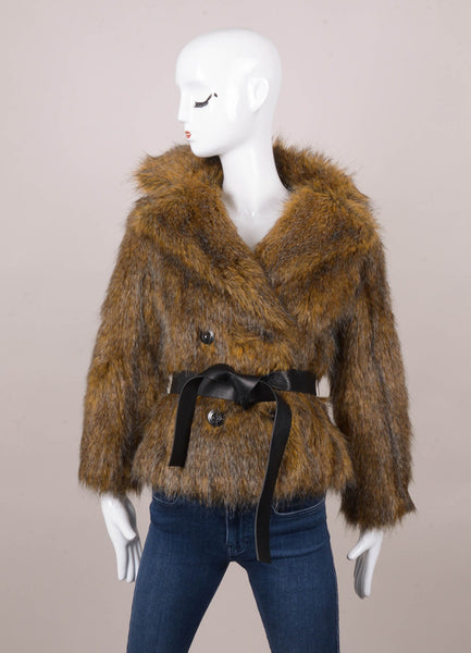 New With Tags Brown and Black Faux Fur Jacket With Tie Belt