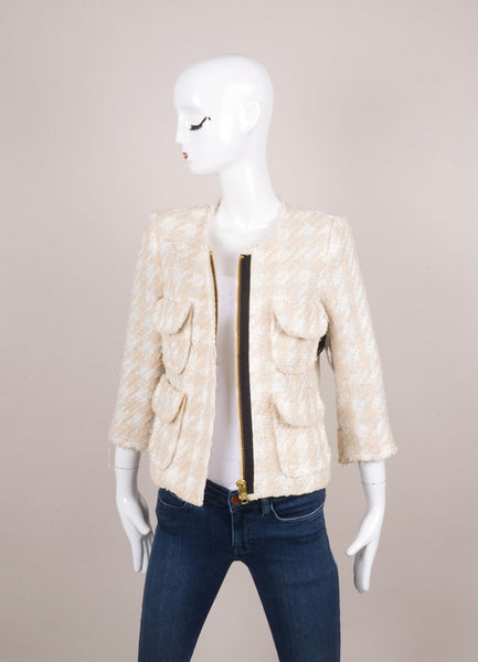 New With Tags Cream, Beige, and Silver Metallic Houndstooth Knit Boucle Jacket