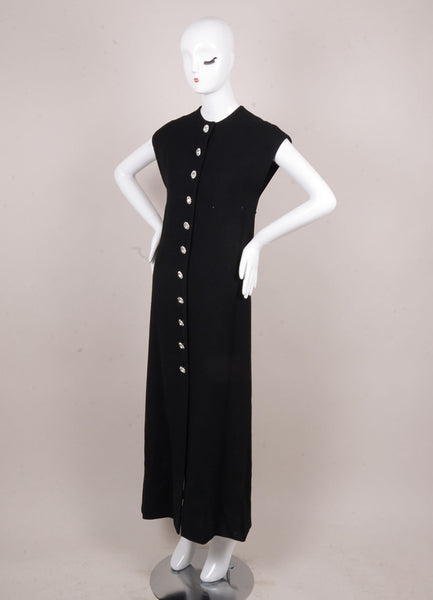 Black Long Sleeveless Rhinestone Button Dress