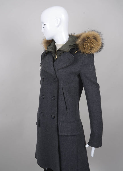 Hooded Double Breasted Coat with Fur Trim