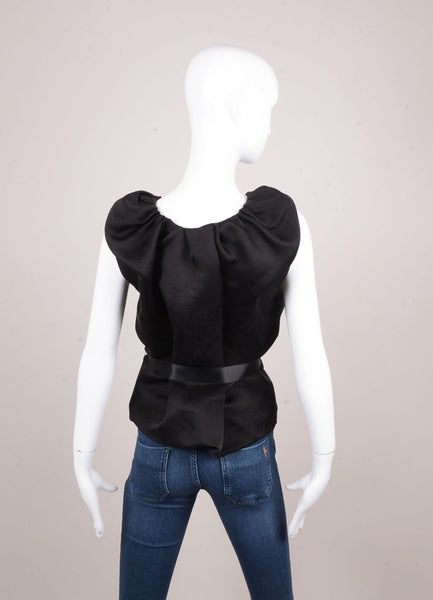 Black Pleated Neck and Ribbon Waist Tie Sleeveless Silk Blouse