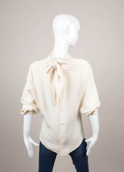 Cream Long Sleeve Neck Tie Button Up Blouse