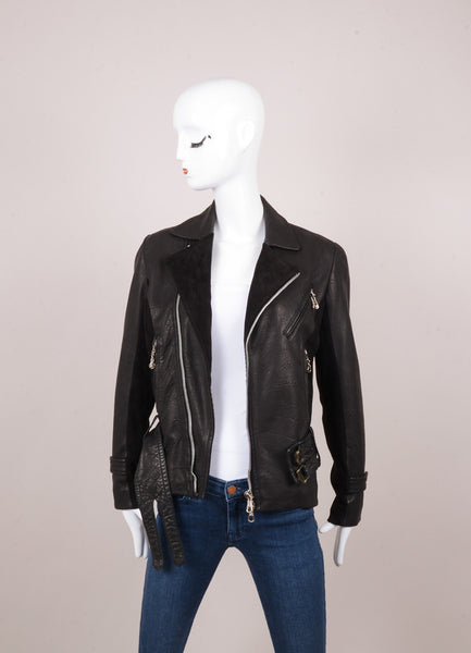 Black Suede Paneled Leather Moto Zip and Belted Jacket