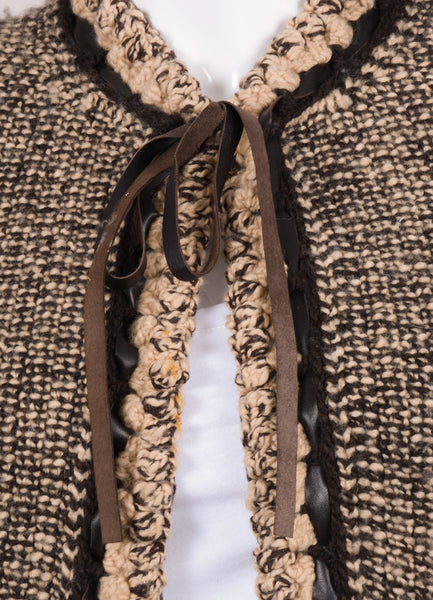 Mixed Brown Leather Trim Knit Long Sleeve Cardigan