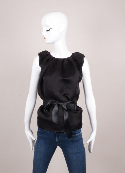 Black Pleated Neck and Ribbon Waist Tie Sleeveless Silk Blouse