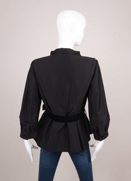 Black Wool Peplum Waist "Y" Panel Belted Jacket
