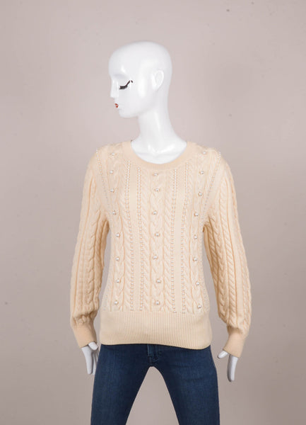 Cream Chunky Cable Knit Wool Sweater With Faux Pearl Embellishment