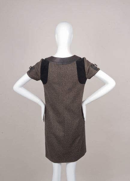 Brown Short Sleeve Tweed Dress With Leather Trim