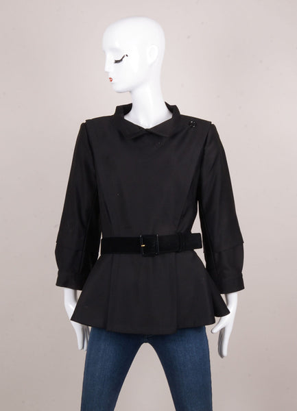 Black Wool Peplum Waist "Y" Panel Belted Jacket