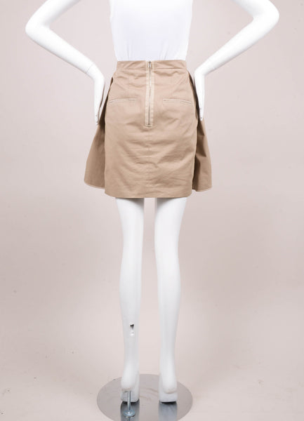 Tan Khaki Stretch Cotton Pleated Waist A Line Skirt