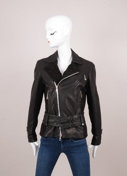 Black Suede Paneled Leather Moto Zip and Belted Jacket