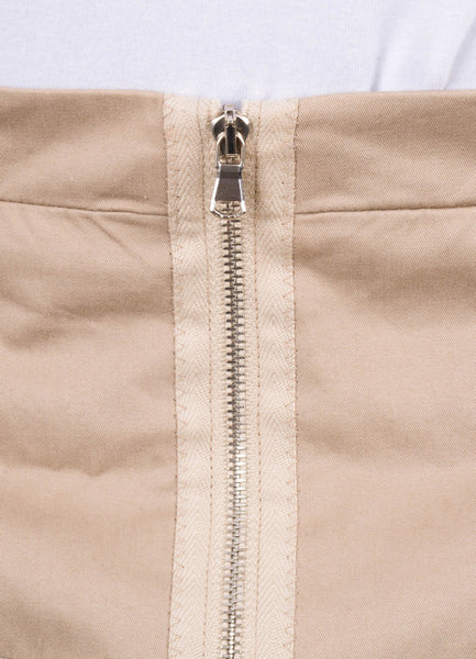 Tan Khaki Stretch Cotton Pleated Waist A Line Skirt