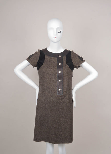 Brown Short Sleeve Tweed Dress With Leather Trim