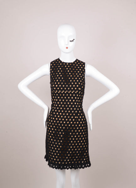 Black and Nude Large Eyelet Linen Sleeveless Sheath Dress