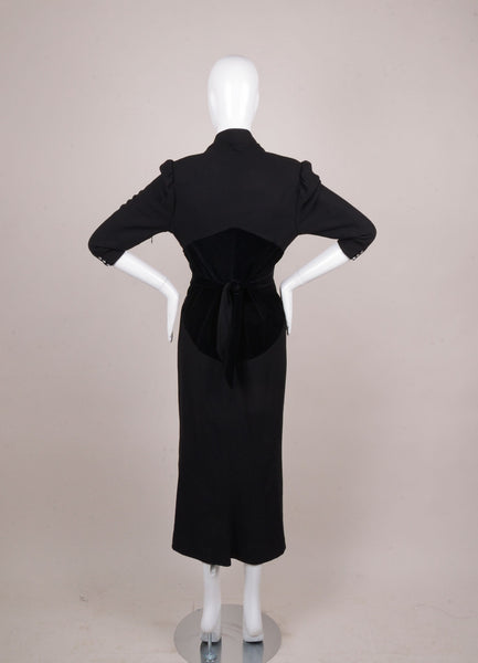 Black Wool Crepe Three Quarter Length Sleeve Belted Dress With Velvet Trim