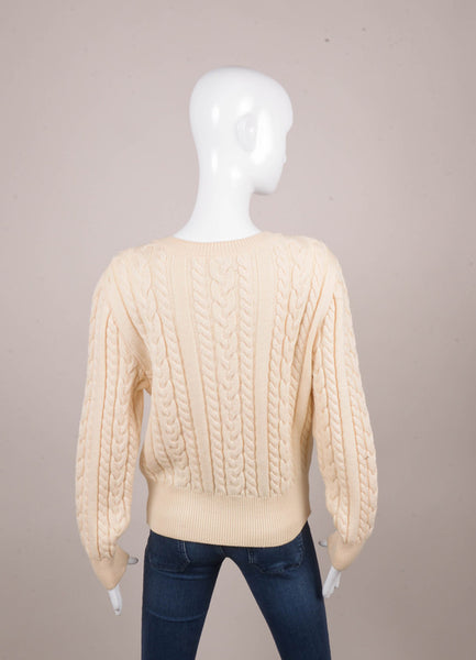 Cream Chunky Cable Knit Wool Sweater With Faux Pearl Embellishment