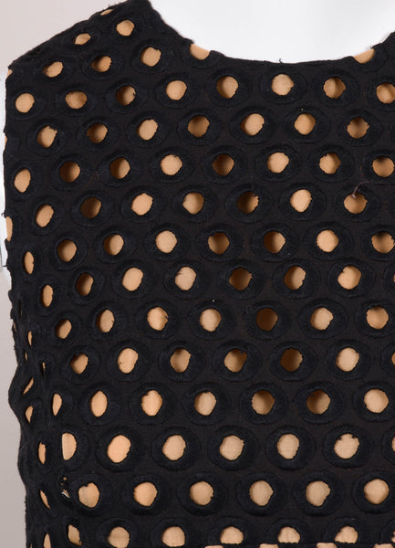 Black and Nude Large Eyelet Linen Sleeveless Sheath Dress