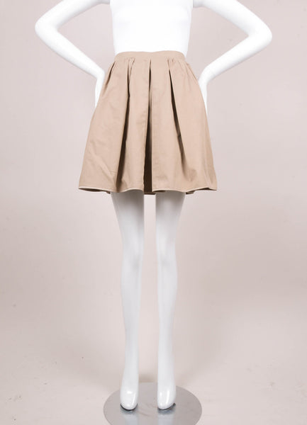 Tan Khaki Stretch Cotton Pleated Waist A Line Skirt