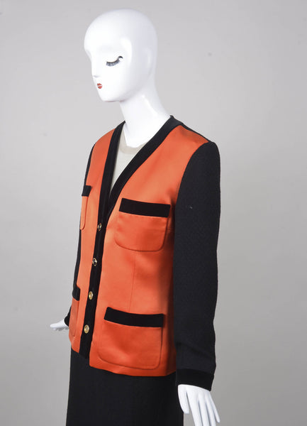 Black and Orange Satin Panel and Knit Skirt Suit