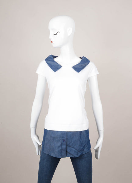 New With Tags White and Blue Cap Sleeve Denim Collar Blouse