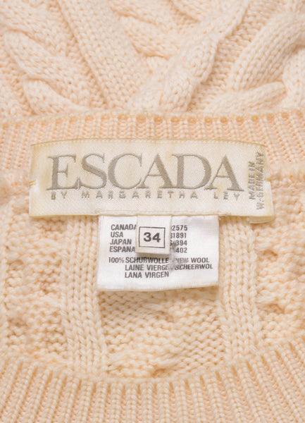 Cream Chunky Cable Knit Wool Sweater With Faux Pearl Embellishment