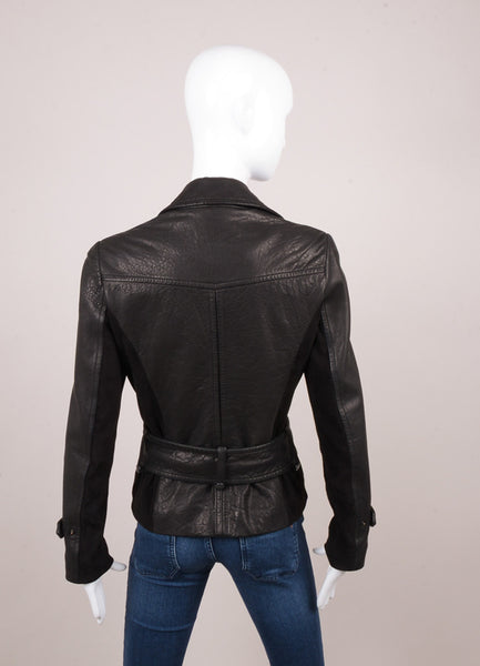 Black Suede Paneled Leather Moto Zip and Belted Jacket