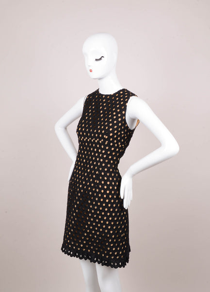 Black and Nude Large Eyelet Linen Sleeveless Sheath Dress