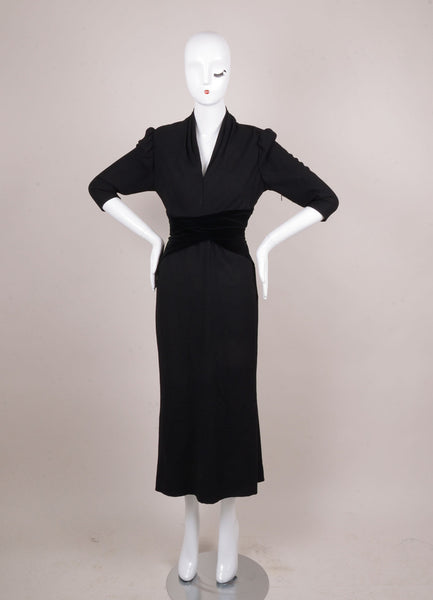 Black Wool Crepe Three Quarter Length Sleeve Belted Dress With Velvet Trim