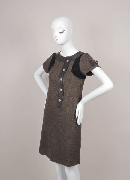 Brown Short Sleeve Tweed Dress With Leather Trim