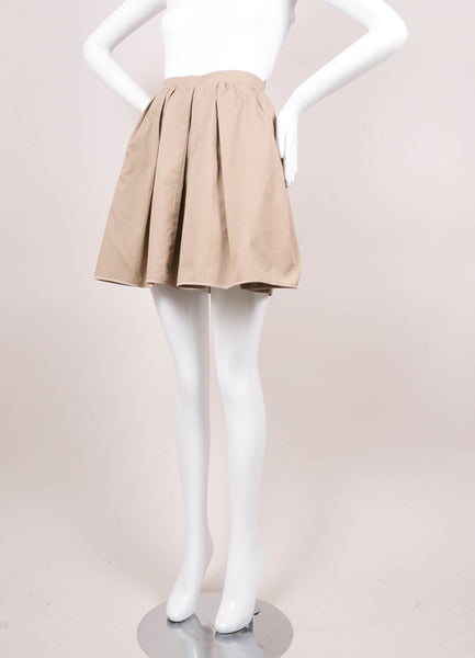 Tan Khaki Stretch Cotton Pleated Waist A Line Skirt