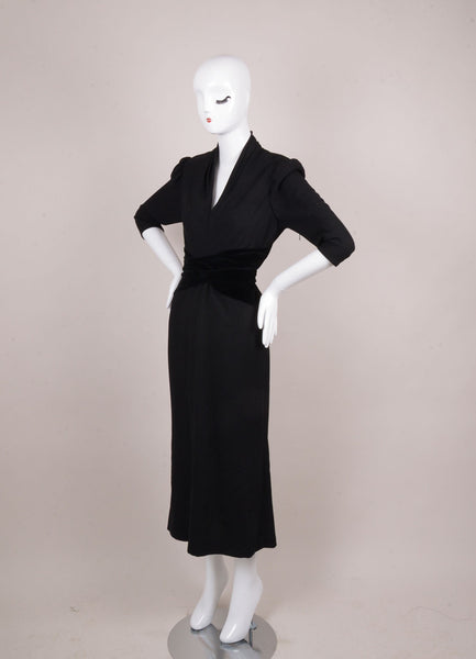 Black Wool Crepe Three Quarter Length Sleeve Belted Dress With Velvet Trim