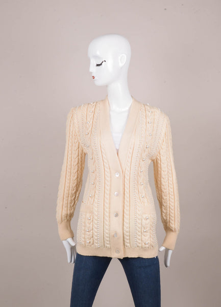 Cream Chunky Cable Knit Wool Cardigan With Faux Pearl Embellishment