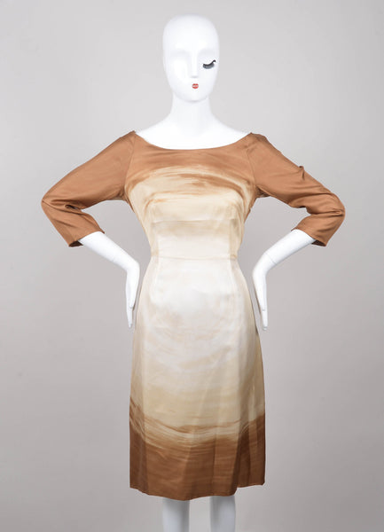 Cream and Brown Printed Three Quarter Sleeve Silk Sheath Dress